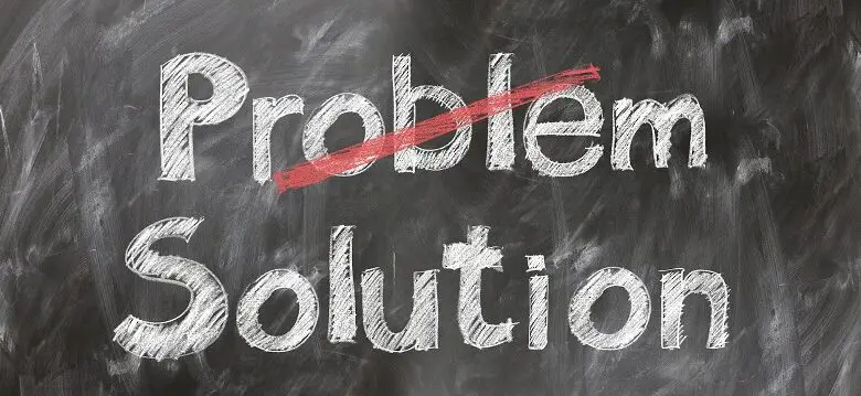 Black board with the word problems crossed out and the word solutions below it