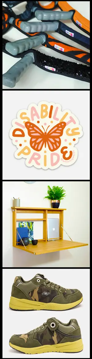 Image shows 4 photographic images of accessible products available on the Disability Horizons shop, including crutch covers in stylish fabrics, a Disability Pride sticker with a butterfly motif, a wall-mounted fold-up work table and a pair of accessible trainers in a modern, green camouflage print.