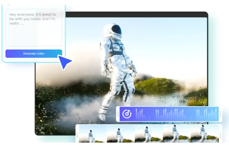 A video editing screen shows an astronaut walking near a misty lake with grassy hills. A text box in the corner includes a short script, and a button below it reads “Generate video,” indicating AI-powered video creation.